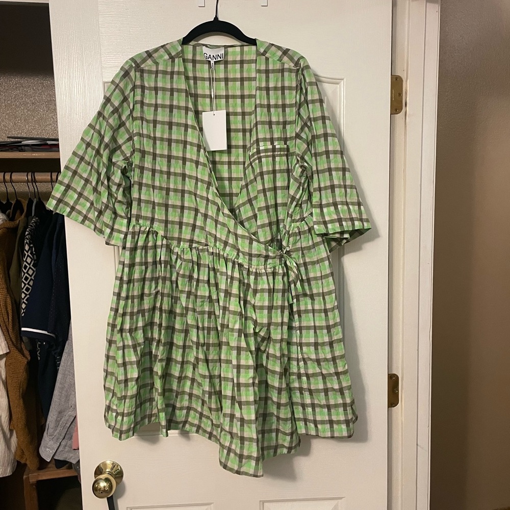 Ganni wrap dress green plaid - Picture 2 of 11